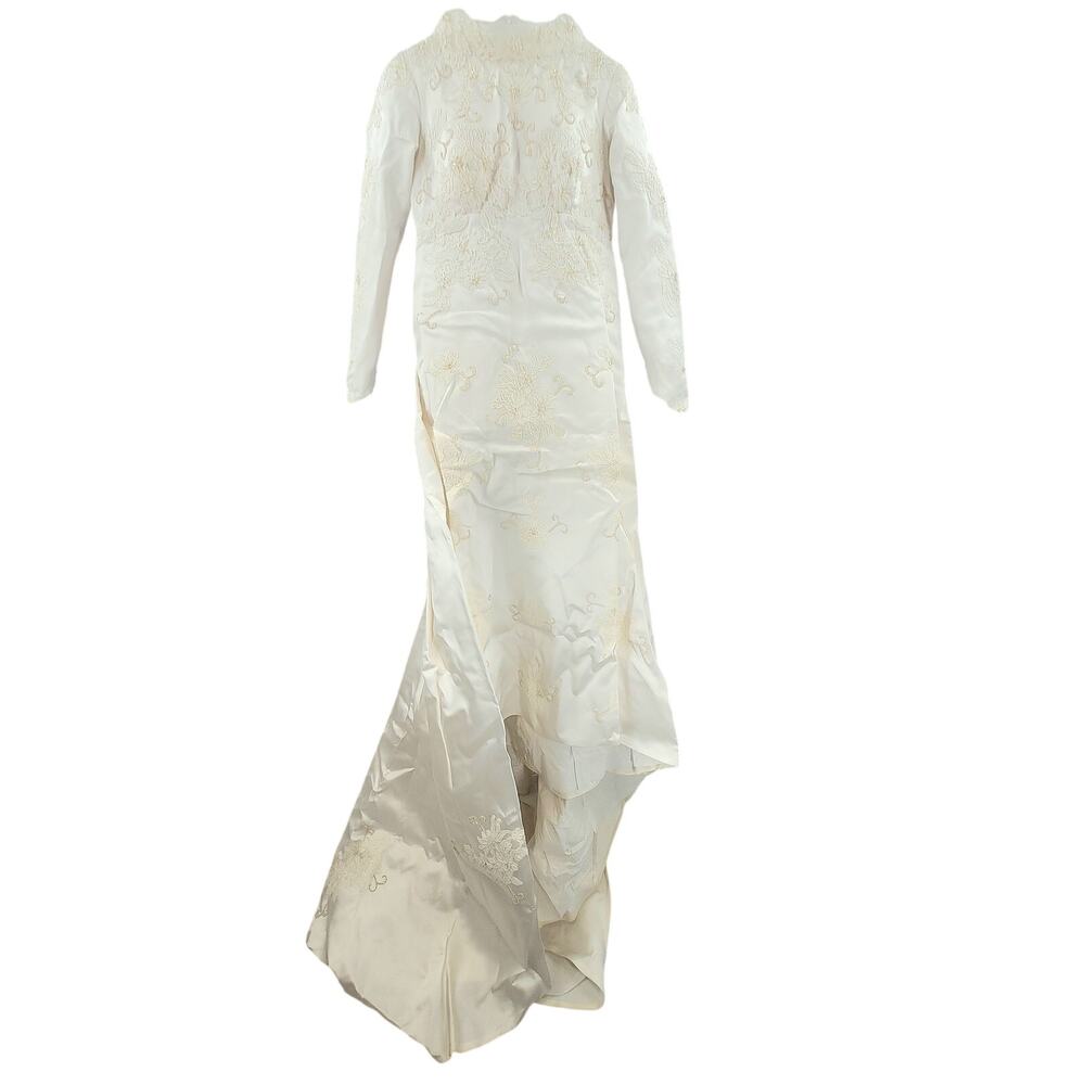Vintage Off White Beaded Bridal Gown High Neck Long‎ Sleeve Coquette Modest